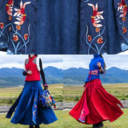 Elegant navy cotton quilting clothes Chinese Button loose embroidery skirts - SooLinen