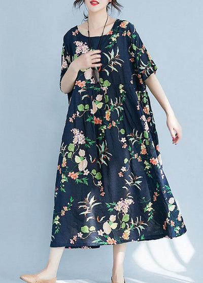 Elegant navy print cotton pattern o neck baggy Maxi Dress - SooLinen