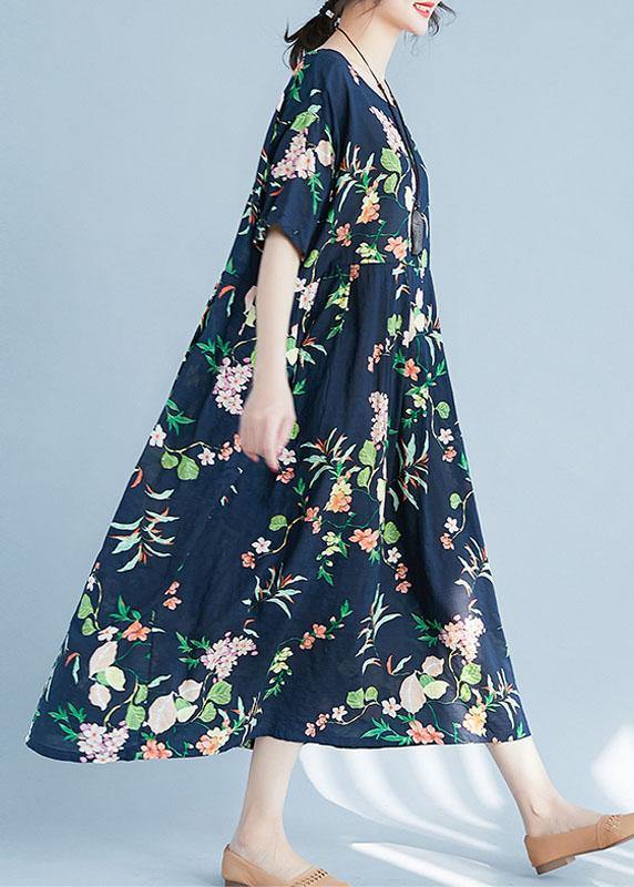 Elegant navy print cotton pattern o neck baggy Maxi Dress - SooLinen