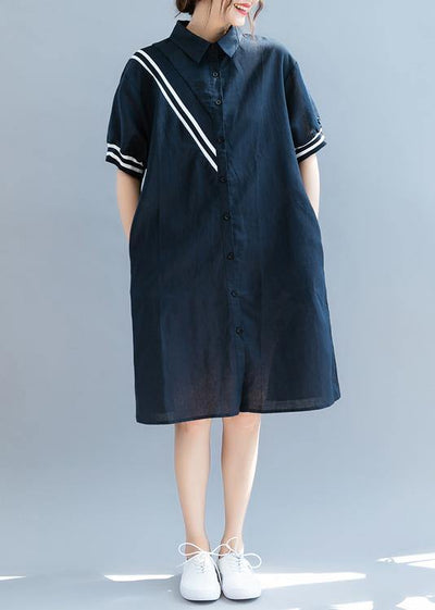 Elegant navy quilting dresses lapel Button Down oversized summer Dress - SooLinen
