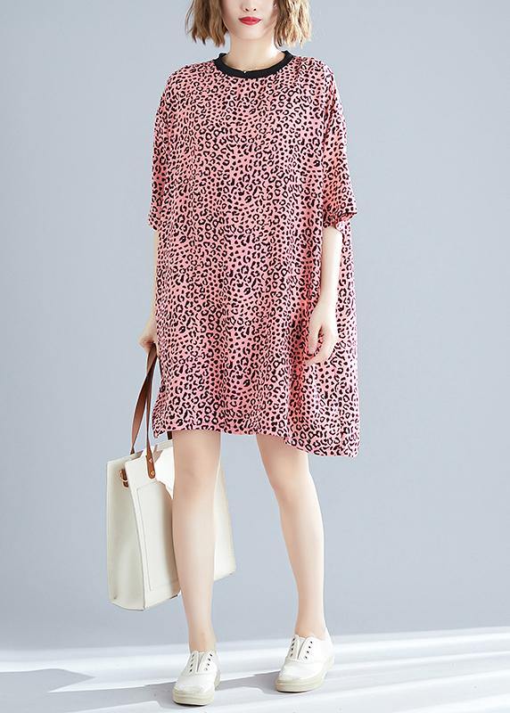 Elegant o neck Batwing Sleeve Cotton blended Korea Neckline pink Leopard daily Dress Summer - SooLinen