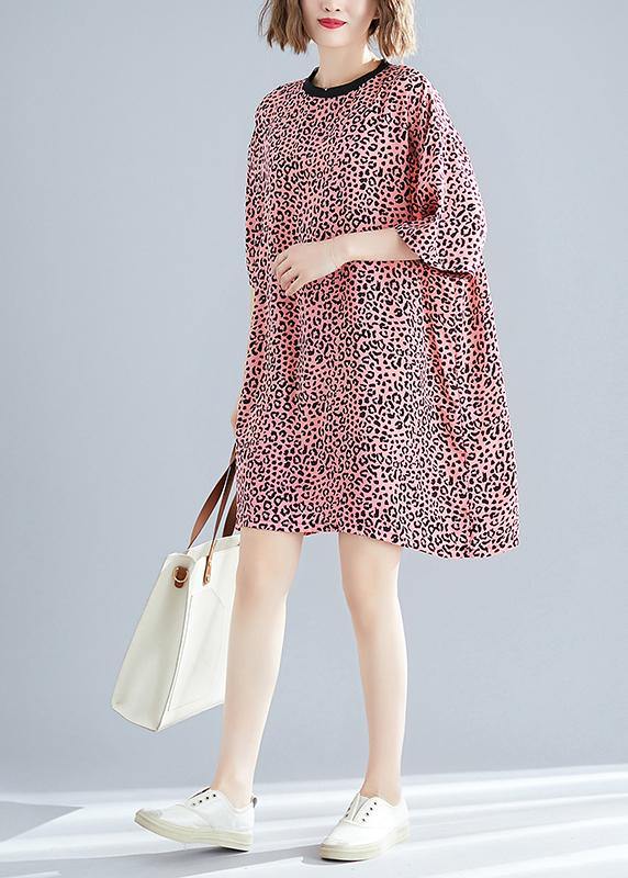 Elegant o neck Batwing Sleeve Cotton blended Korea Neckline pink Leopard daily Dress Summer - SooLinen