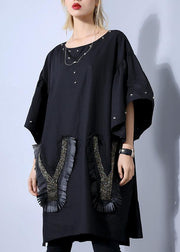 Elegant o neck Batwing Sleeve Cotton clothes Stitches Fashion Ideas black Dress Summer - SooLinen