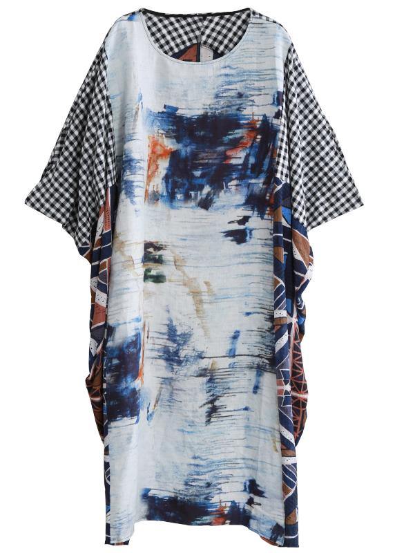 Elegant o neck Batwing Sleeve Long dress Runway blue white print Dress - SooLinen