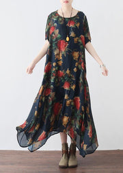 Elegant o neck asymmetric summer outfit Sewing black print Traveling Dress - SooLinen