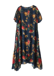 Elegant o neck asymmetric summer outfit Sewing black print Traveling Dress - SooLinen