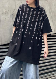 Elegant o neck back side open cotton clothes For Women Tutorials black Letter blouse - SooLinen