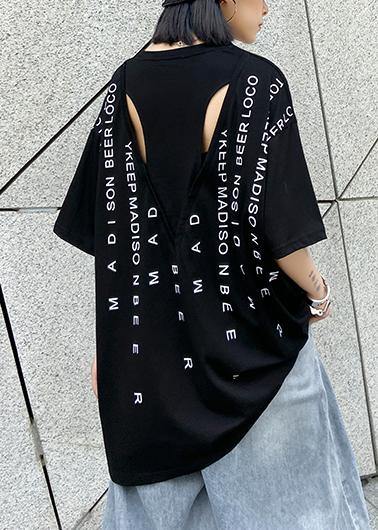 Elegant o neck back side open cotton clothes For Women Tutorials black Letter blouse - SooLinen