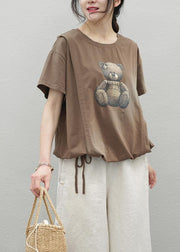 Elegant o neck drawstring cotton top Wardrobes chocolate print shirt - SooLinen