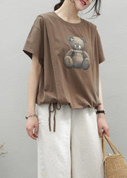 Elegant o neck drawstring cotton top Wardrobes chocolate print shirt - SooLinen