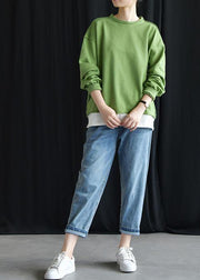 Elegant o neck false two pieces cotton linen tops women green top fall - SooLinen