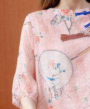 Elegant o neck half sleeve clothes For Women Photography pink floral shirt - SooLinen