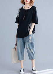Elegant o neck half sleeve cotton Fabrics black print shirts summer - SooLinen