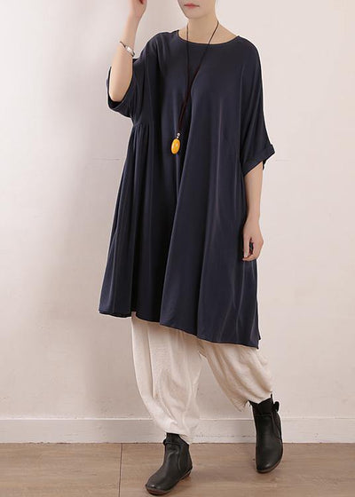 Elegant o neck large hem silk Tunics Boho design blue Art Dress Summer - SooLinen