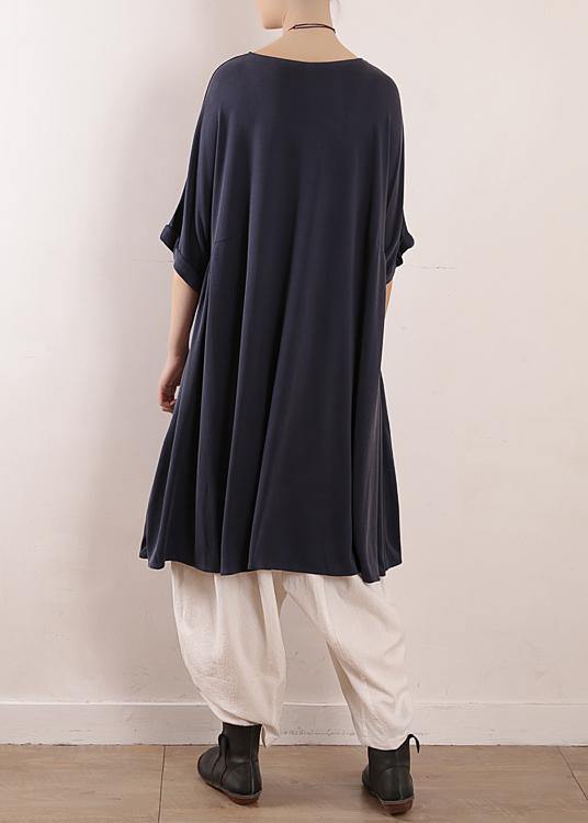 Elegant o neck large hem silk Tunics Boho design blue Art Dress Summer - SooLinen