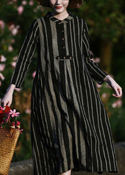 Elegant o neck linen spring clothes For Women pattern black striped Dresses - SooLinen