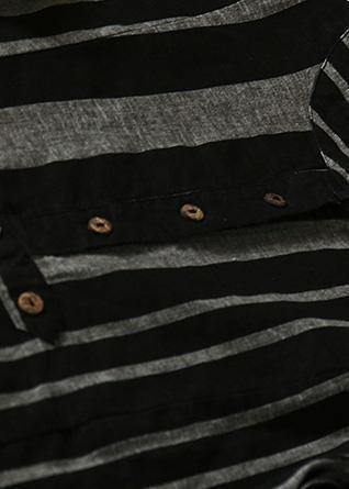 Elegant o neck linen spring clothes For Women pattern black striped Dresses - SooLinen