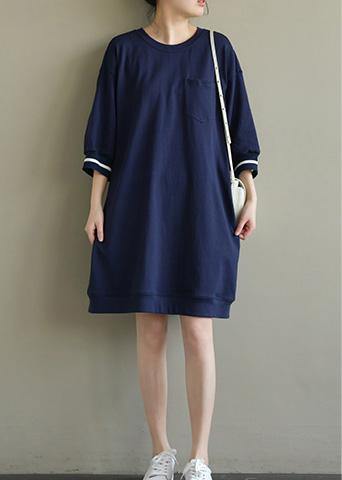 Elegant o neck patchwork Cotton for women Fashion Ideas navy striped Dresses spring - SooLinen
