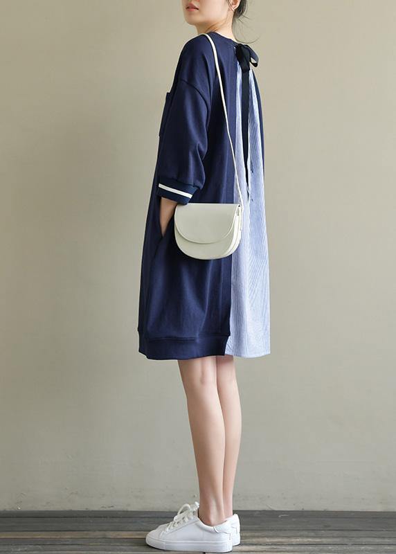Elegant o neck patchwork Cotton for women Fashion Ideas navy striped Dresses spring - SooLinen