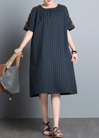 Elegant o neck patchwork cotton quilting clothes Shape black striped Dress summer - SooLinen