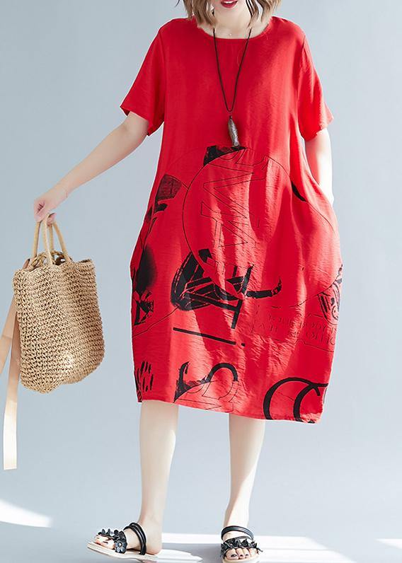 Elegant o neck patchwork linen cotton clothes Women stylish Sewing red print shift Dresses Summer - SooLinen