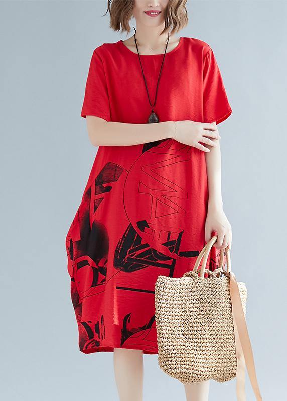 Elegant o neck patchwork linen cotton clothes Women stylish Sewing red print shift Dresses Summer - SooLinen