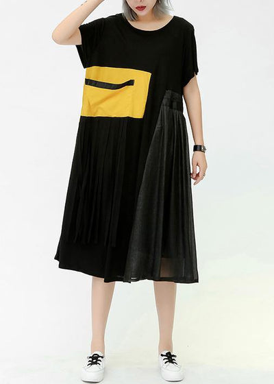 Elegant o neck patchwork pockets cotton Women Outfits yellow Dress summer - SooLinen