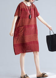 Elegant o neck pockets Cotton quilting dresses Runway burgundy dotted Dress - SooLinen