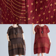 Elegant o neck pockets Cotton quilting dresses Runway burgundy dotted Dress - SooLinen