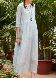 Elegant o neck pockets cotton quilting clothes design light blue Plus Size Dresses summer - SooLinen
