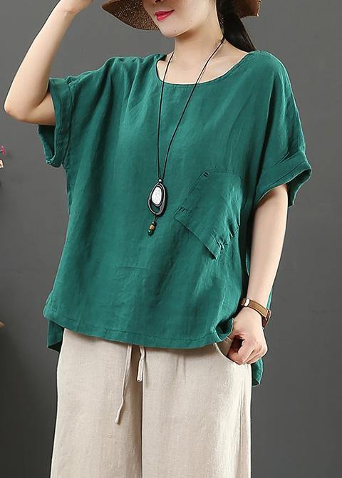 Elegant o neck pockets linen cotton summer shirts women green Art tops - SooLinen