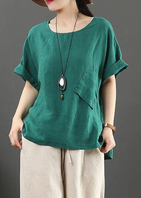 Elegant o neck pockets linen cotton summer shirts women green Art tops - SooLinen