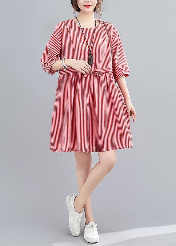 Elegant o neck pockets summer Work Outfits red striped Dress - SooLinen