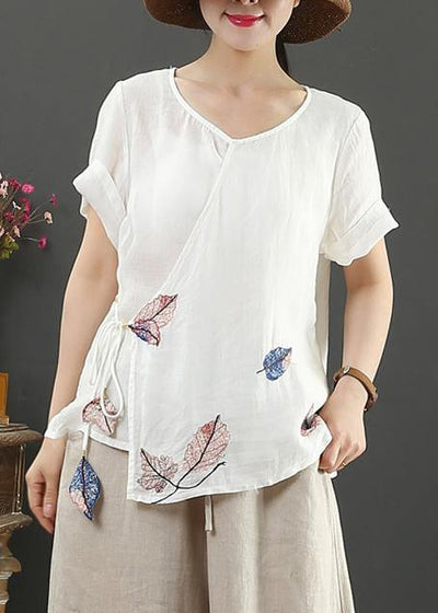 Elegant o neck short sleeve linen blouses for women Tutorials white print blouses - SooLinen