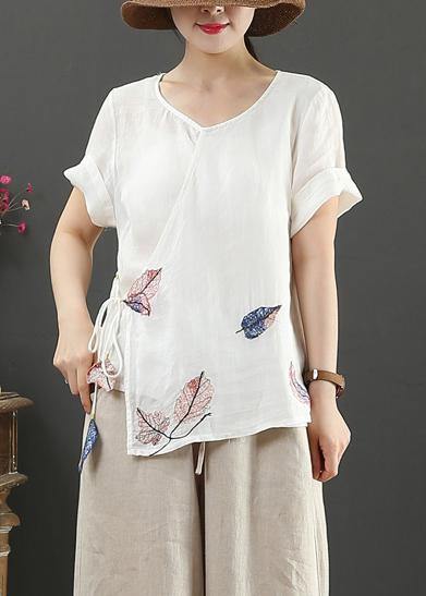 Elegant o neck short sleeve linen blouses for women Tutorials white print blouses - SooLinen