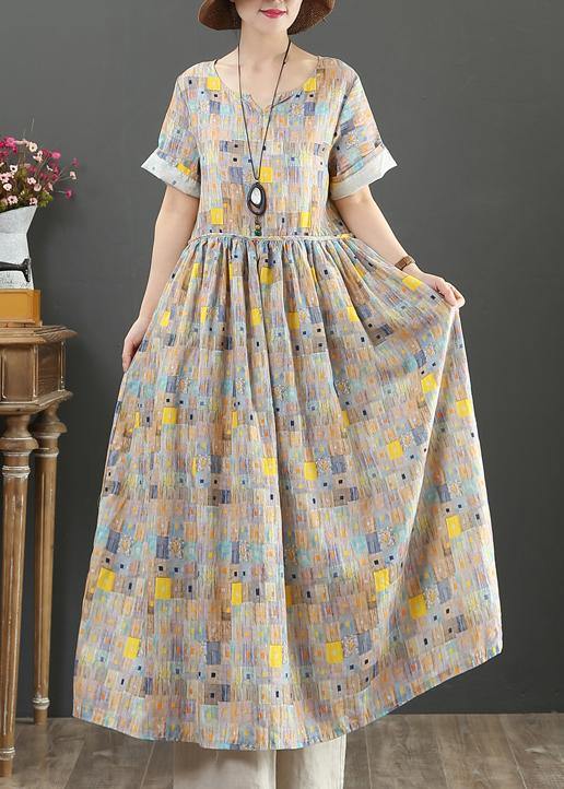 Elegant o neck Cinched cotton Robes Catwalk khaki print Dress - SooLinen