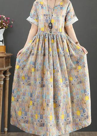 Elegant o neck Cinched cotton Robes Catwalk khaki print Dress - SooLinen