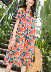 Elegant o neck Cinched linen clothes For Women plus size Inspiration pink print oversized Dresses Summer