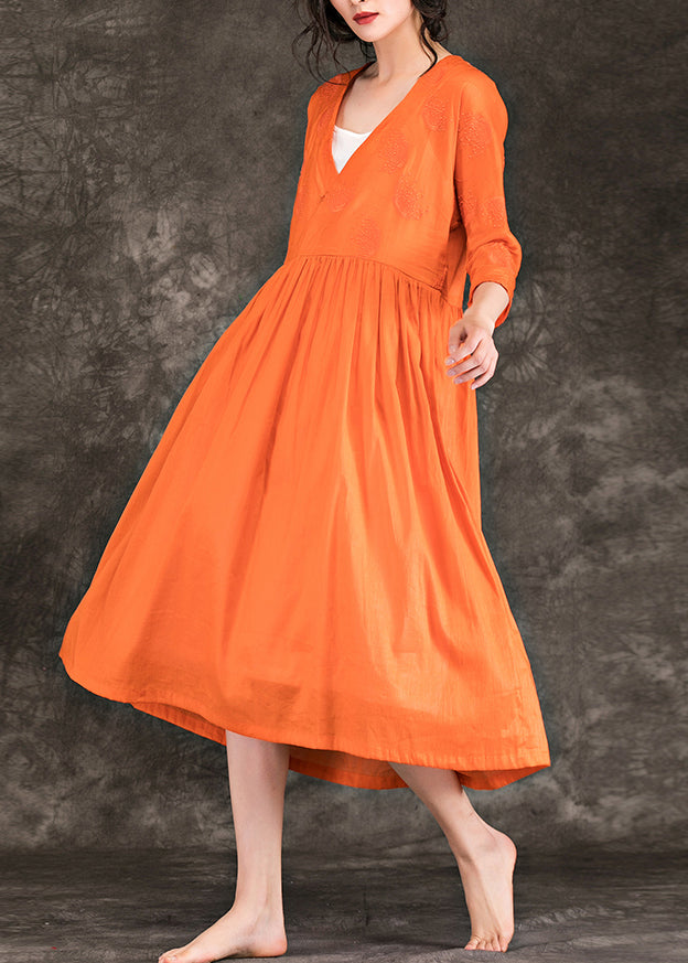 Elegante orange Baumwoll-Leinen Roben Vintage Inspiration V-Ausschnitt Stickerei Robe Sommerkleider