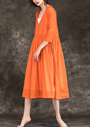 Elegante orange Baumwoll-Leinen Roben Vintage Inspiration V-Ausschnitt Stickerei Robe Sommerkleider