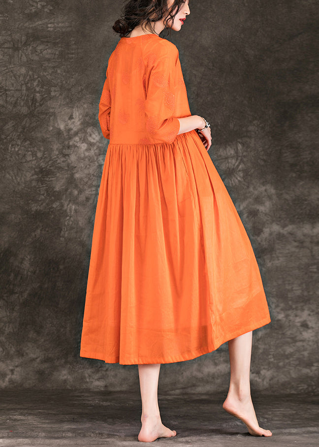 Elegant orange cotton linen Robes Vintage Inspiration v neck embroidery Robe Summer Dresses