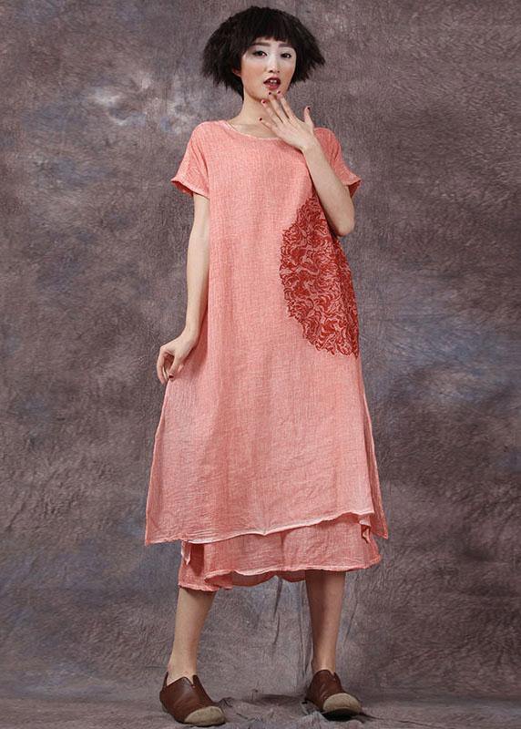 Elegant orange embroidery linen cotton dress side open long summer Dresses - SooLinen