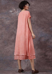 Elegant orange embroidery linen cotton dress side open long summer Dresses - SooLinen