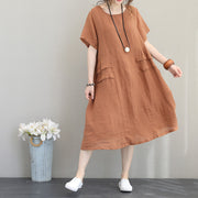 Elegant orange khaki linen shift dresses oversized linen cotton dress 2018 o neck patchwork cotton dresses