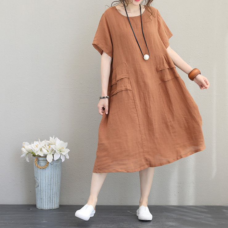 Elegante orangefarbene Khaki-Leinen-Etuikleider übergroßes Leinen-Baumwollkleid 2018 Patchwork-Baumwollkleider mit O-Ausschnitt