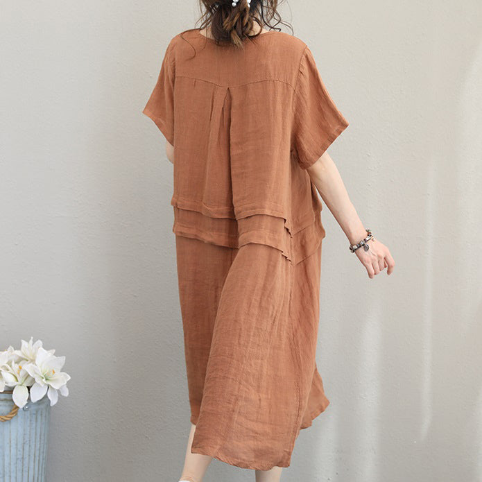 Elegante orangefarbene Khaki-Leinen-Etuikleider übergroßes Leinen-Baumwollkleid 2018 Patchwork-Baumwollkleider mit O-Ausschnitt