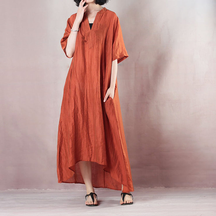 Elegante orangefarbene Leinenkaftane plus Größe mit V-Ausschnitt, asymmetrisches Design, Kaftane, lässige Kurzarm-Baggy-Kleider