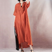 Elegant orange linen caftans plus size v neck asymmetrical design caftans casual short sleeve baggy dresses gown