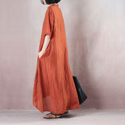 Elegante orangefarbene Leinenkaftane plus Größe mit V-Ausschnitt, asymmetrisches Design, Kaftane, lässige Kurzarm-Baggy-Kleider