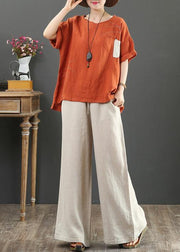Elegant orange linen shirts women o neck pockets Plus Size Clothing summer top - SooLinen